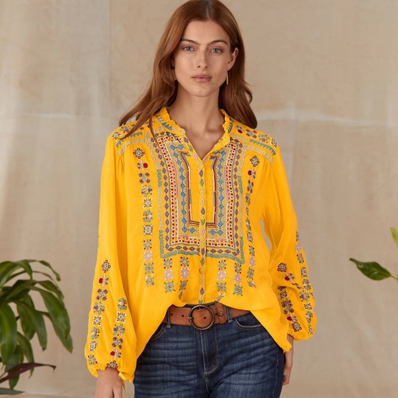 Johnny Was Tops - Johnny Was | L | Zeru Blouse | Yellow Button-down | Embroidered | Sunset